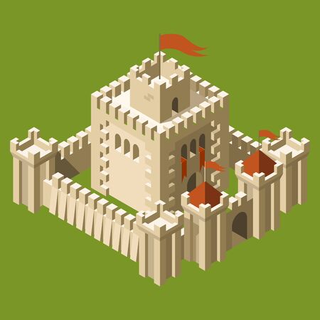 Isometric medieval castle with fortified wall and towersのイラスト素材