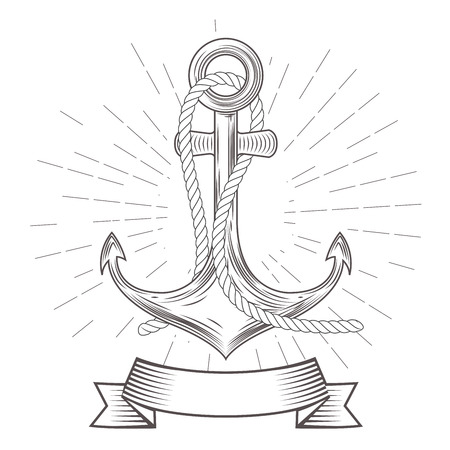 Emblem with vintage anchor with rope and bannerのイラスト素材