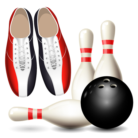 Bowling shoes, skittles and ball, bowling championship poster.のイラスト素材