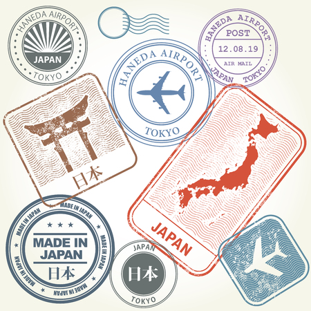 Travel stamps set Japan and Tokyo theme (with inscription Japan on Japanese  language)のイラスト素材