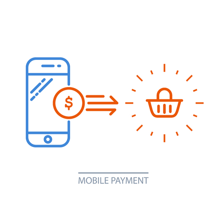 Mobile payment  smartphone and shopping cart, online purchase.のイラスト素材