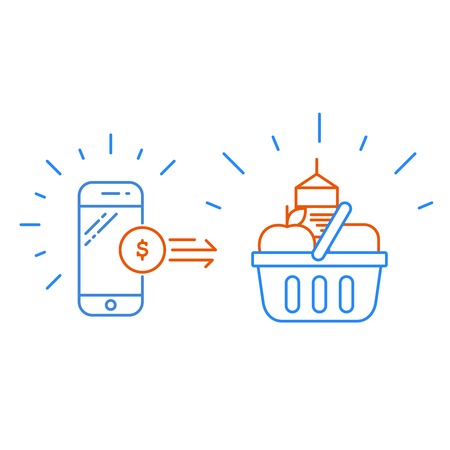 Smartphone and shopping basket, products purchase and mobile payment concept のイラスト素材