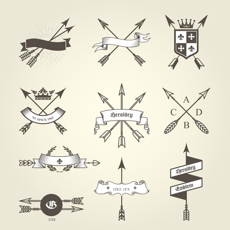 Set of coat of arms with bow arrows - emblems and blazons, heraldic sealsのイラスト素材