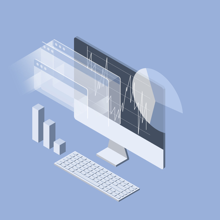 Stock market analytics isometric icon - data statisics and trading researchのイラスト素材