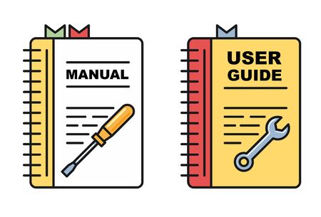 User guide book - manual or instructions icons, spiral book with toolsのイラスト素材