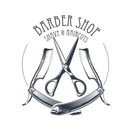 Vintage barbershop or hairdressing salon emblem, scissors and old straight razor, barber shopのイラスト素材
