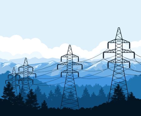 Tangent towers in mountains, high voltage power line pylons, power supplyのイラスト素材