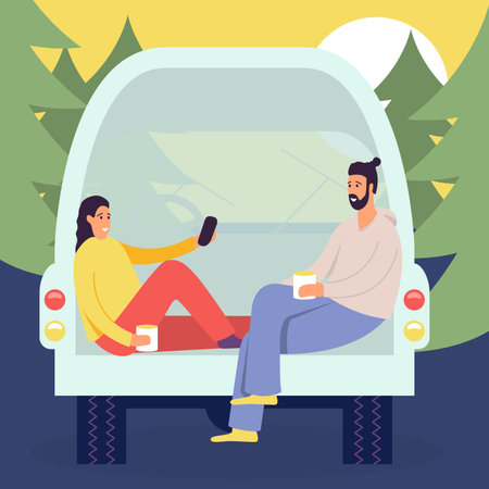 Cheerful young couple enjoy vacation sitting in rear of van, people in camper van, picnic in the forest in the house on wheelsのイラスト素材