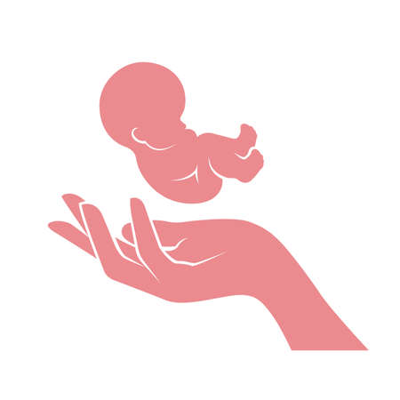 Fetus on mother palm, baby birth and childcare concept, embryo and hand of woman, vectorのイラスト素材