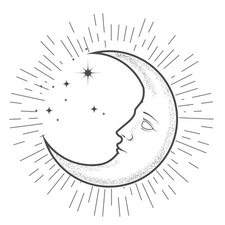 Mystic crescent, new moon with face, astrological symbol of spiritual and esoteric, vectorのイラスト素材