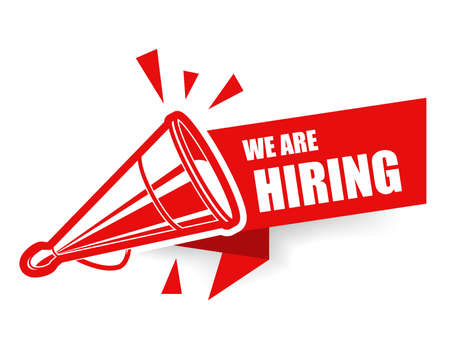 We are hiring, vacancy banner with vintage megaphone or loudspeaker, job announcement, vectorのイラスト素材