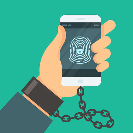 Internet addiction, hand chained with handcuff to smartphone, nomophobia concept, digital shadowing, social networks and media dependence, vectorのイラスト素材