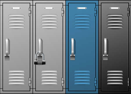 Locker room metal cabinets, row of school or gym lockers, blue and gray luggage storage, vectorのイラスト素材