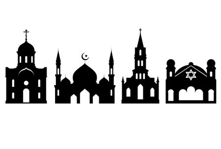 Religious buildings, church, mosque and synagogue, silhouette of cathedral, vectorのイラスト素材