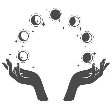 Hands juggling with phases of the Moon, divination magic of lunar phase, vectorのイラスト素材