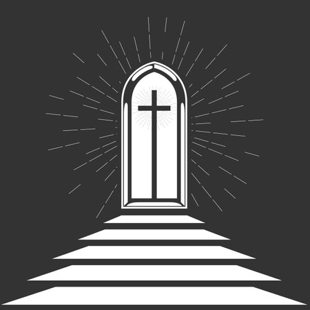 Church chancel, way to God, window with crucifix and holy light, divine worship, vectorのイラスト素材