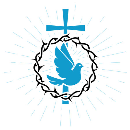 Dove of peace, crucifixion and crown of thorns, pigeon and wreath of thornes, symbols of Christianity, vectorのイラスト素材