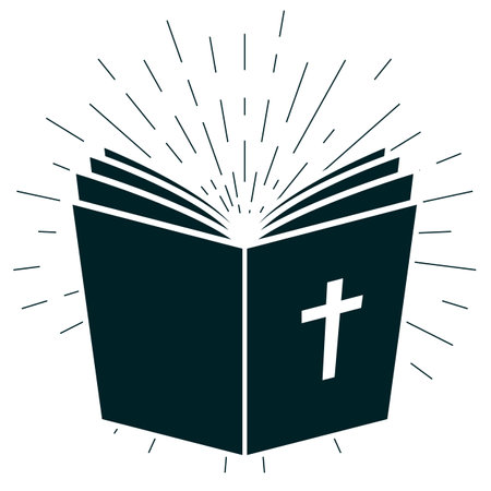 Holy Bible, open old testament book with crucifix, cover of open gospel and shining, vector