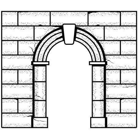 Ancient roman stone arch and brick wall, medieval entrance with antique stone archway, castle fairy-tale pass, vectorのイラスト素材