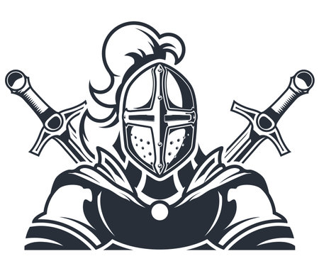 Knight in armour, chivalry  with crusader and swords, sport team emblem, vectorのイラスト素材