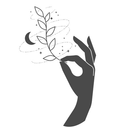 Hand of woman with magic twig, mystical symbol for spiritual practices, delicate hypoallergenic cosmetics, jewelry and tender handmade products, vectorのイラスト素材
