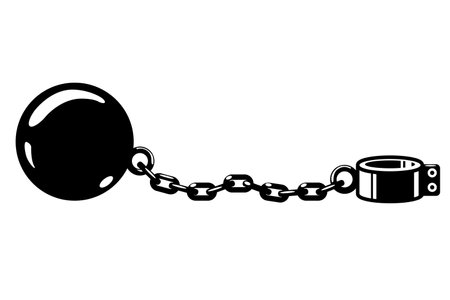 Shackles, gyve on chain with weight metal ball, prisoner fetter, encumbrance or debt concept , vectorのイラスト素材