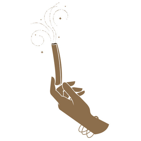 Smoldering aromatic stick in hand, smoking stick of sacred tree palo santo exuding fragrance, incense for meditation and spiritual practices, vectorのイラスト素材