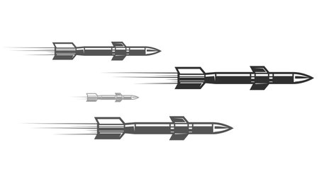 Launch of military rocket, ballistic missile in flight, mass bombardment, vector
