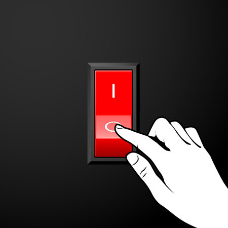 Finger turns off electric switch, saving energy and energy efficiency, hand and red button, vector