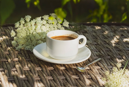 A cup of coffee on a background of flowersの写真素材
