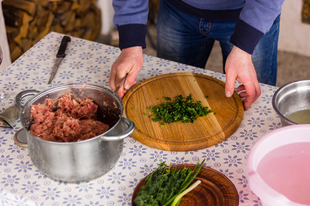 Man adds greens to the minced meat. Preparation of stuffing for kebab. Photo setの写真素材