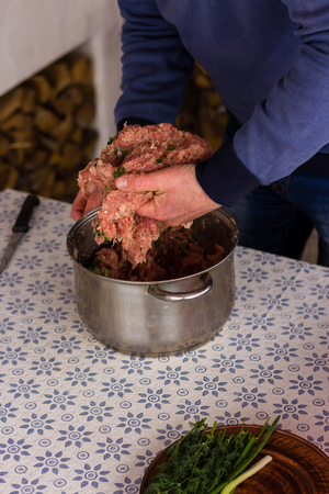 Cooking cutlets steaks. Minced meat in bowl, meat patties. Ingredients for minced meat onion, garlic, rosemary, thyme, tomato, pepper, oil. Minced meat on the table.の写真素材