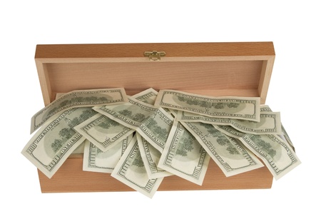 Open Wooden box with money, isolated on white background