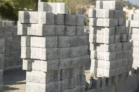 Building an pedestrian path with paver bricks. Sidewalk pavement stock photo ...