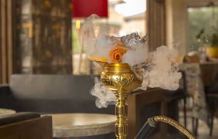 Hookahs are on the bar in the restaurant stock photoの写真素材