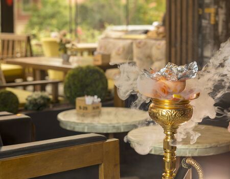 Hookahs are on the bar in the restaurant stock photoの写真素材