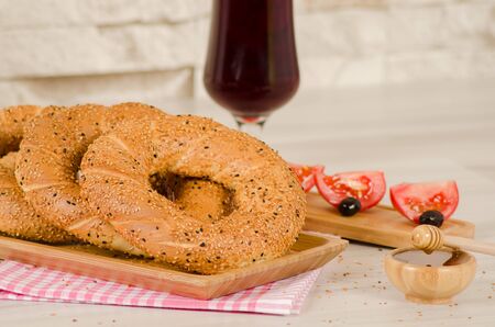 Turkish bagels called Simit in stack.