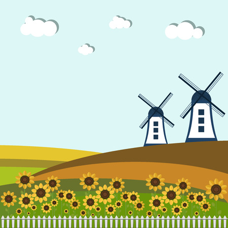 Colorful Fields With Windmills And Sunflowersのイラスト素材