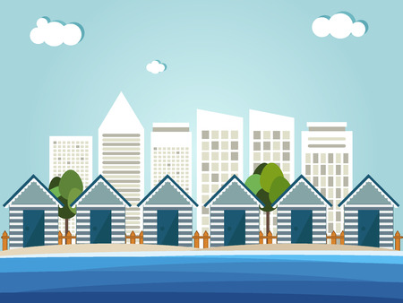 Colorful Beach Huts, Skylines Backgroundのイラスト素材