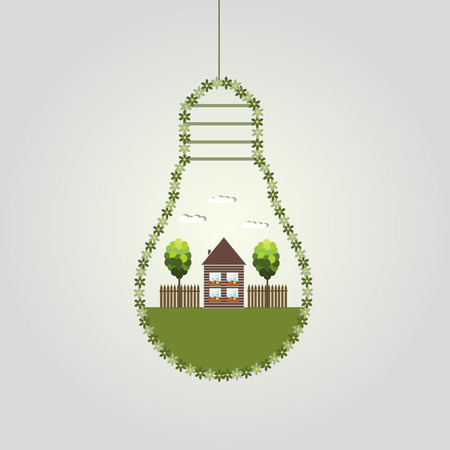 Abstract Eco Light Bulbs, Made Of Flowers With Wooden House And Trees. Think Green Conceptのイラスト素材