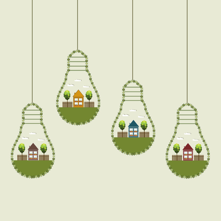 Green Light Bulbs With Wooden Eco Houses And Trees, Think Green Conceptのイラスト素材