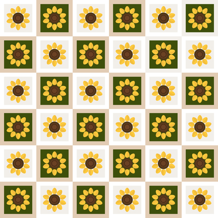 Abstract Floral Pattern Background With Colorful Squares And Sunflowersのイラスト素材