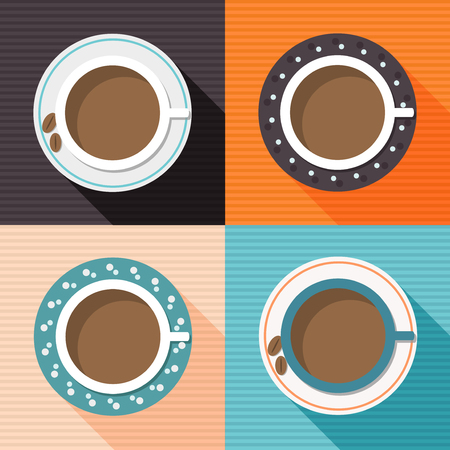 Colorful Porcelain Cups Of Coffee With Long Shadow And Colorful Squares. Positive And Funny Start Of The Day.のイラスト素材