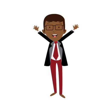 Flat style modern business Employees, black man in dark blazer clothes. Vector icon set. Smile Men lifestyle icon.のイラスト素材