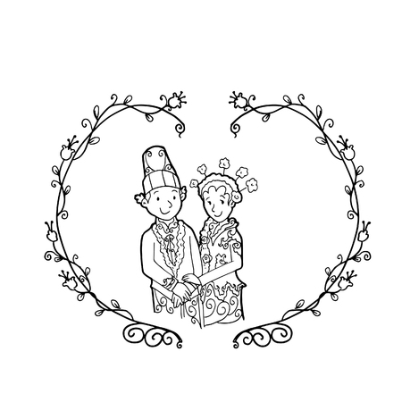 Vector Creative Illustration Coloring book with Sunda Wedding couple - vector illustration.のイラスト素材
