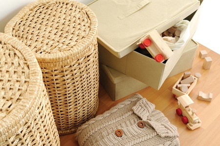 wicker containers for home, on wooden floor, top viewの写真素材