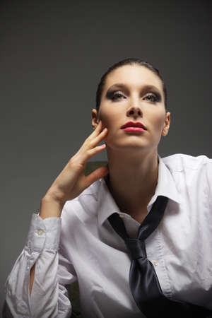 Sensual woman portrait, fashion model with professional male upの写真素材