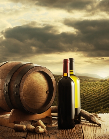 Wine bottles and wodden barrel, vineyard on backgroundの写真素材