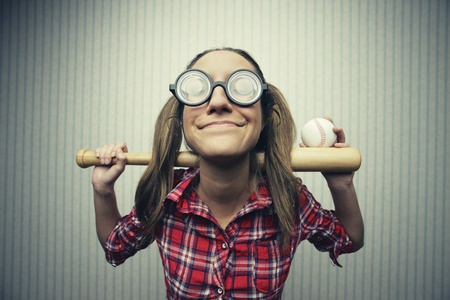 Nerdy woman love baseball, vintage portraitの写真素材