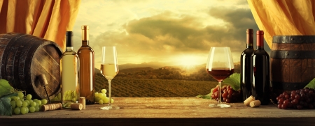 Wine bottles, barrels and vineyard in sunsetの写真素材